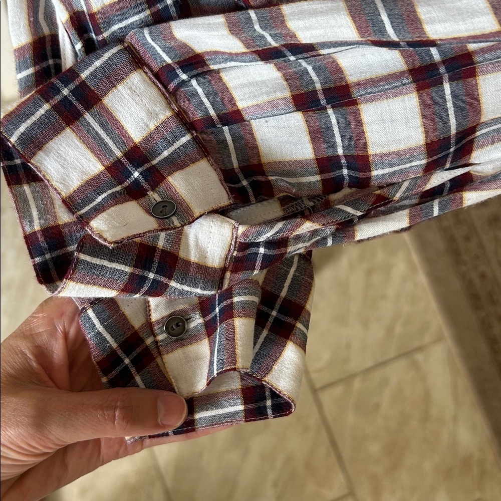 Ann Taylor loft white navy maroon plaid long sleeve boxy sheer blouse top M​​ - Picture 8 of 11